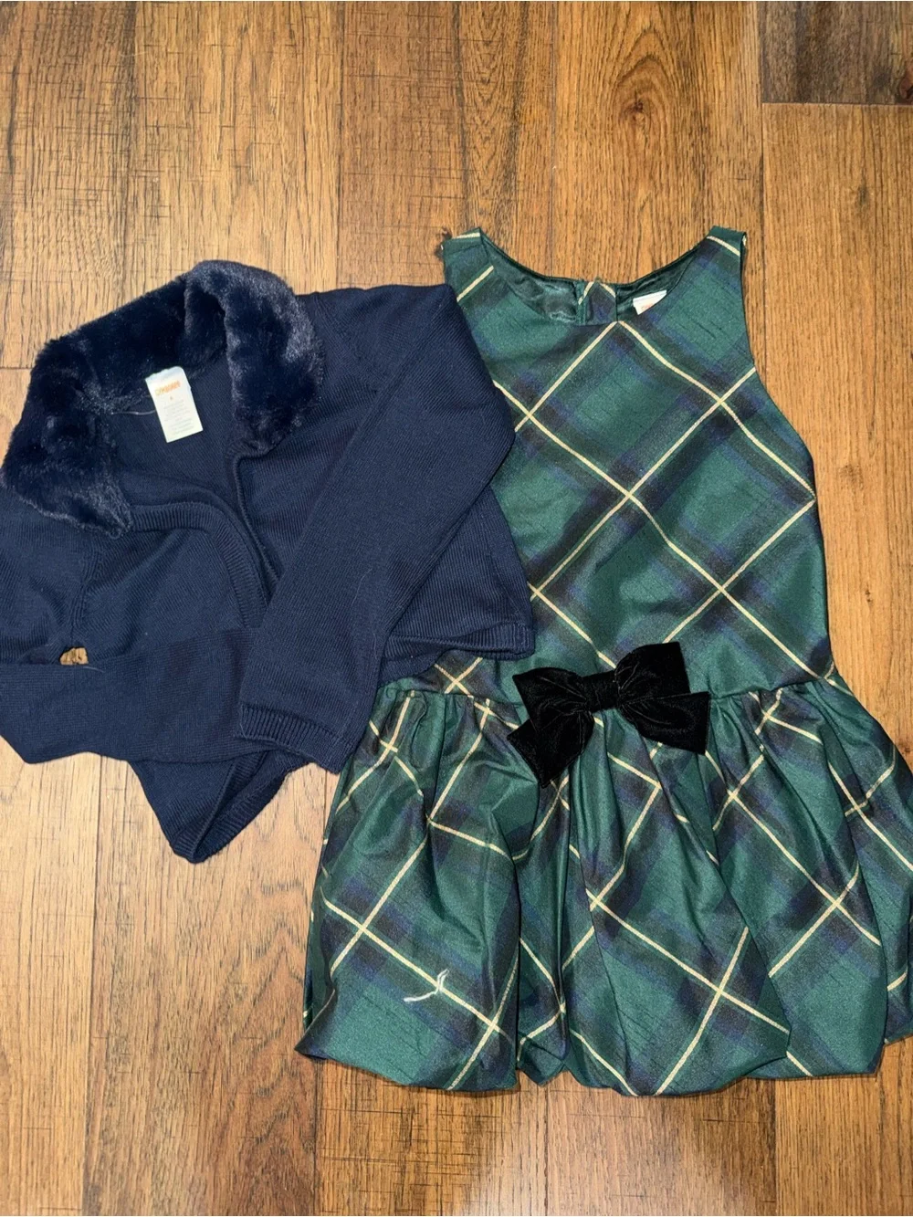 Gymboree Green and Navy Plaid Holiday Dress with Velvet Bow
